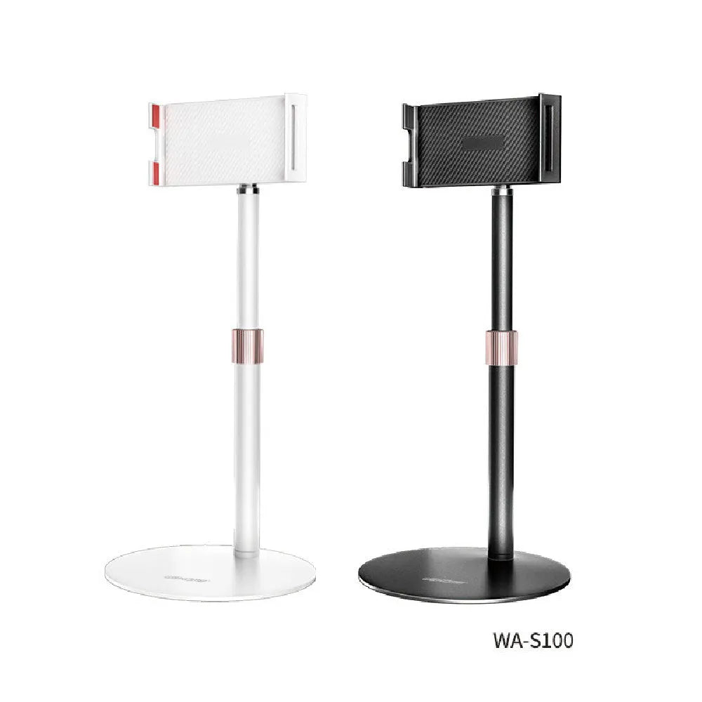 Black lifting metal tablet bracket extended to show 200mm reach supporting an 11-inch device