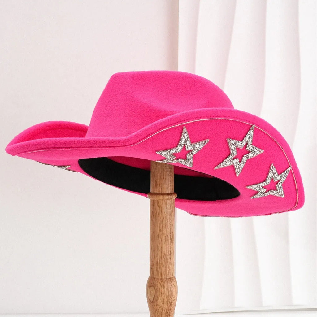 Beige polyester western denim top hat with a conical crown and a silver hexagonal star decoration on the front.