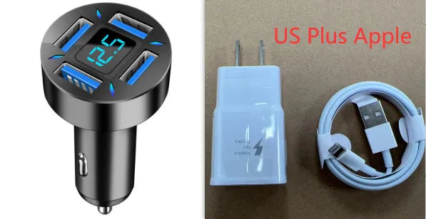 Four-port USB car charger with QC3.0 fast charging and LED voltage display for vehicles.