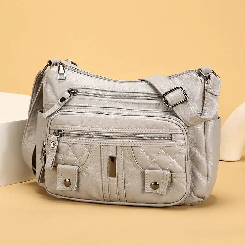 New washed PU shoulder messenger bag in horizontal square shape with three-dimensional pocket, 26x19x8cm