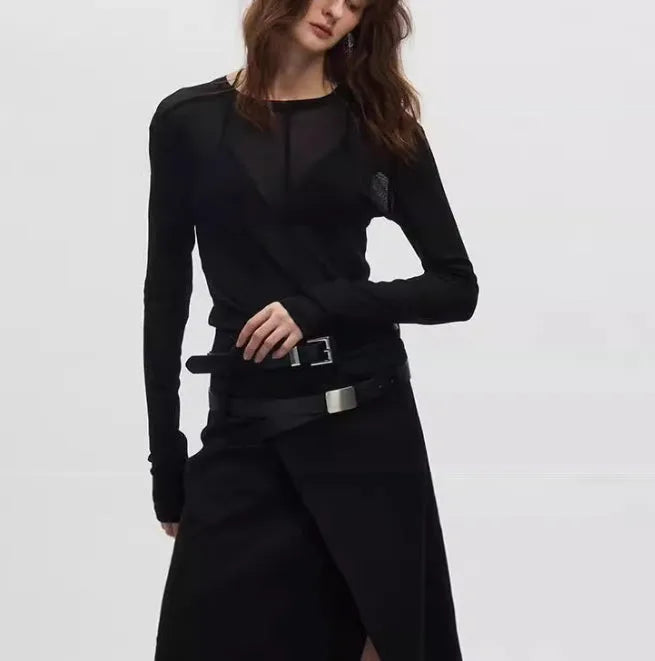 Black mesh see-through texture slim-fit long sleeve pullover with round collar