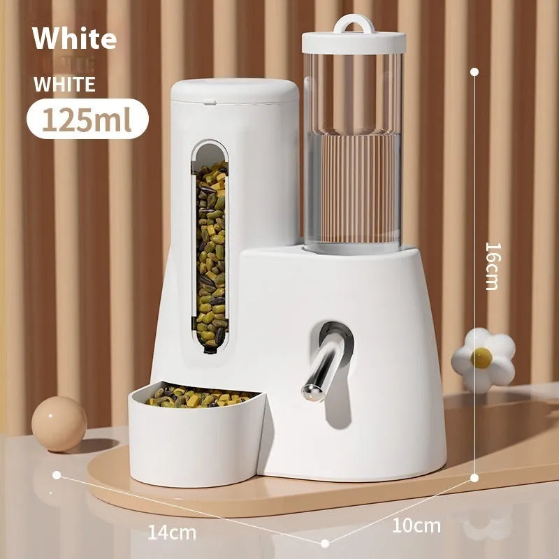 White, blue, and pink hamster automatic water feeder and food bowl in large and small sizes.