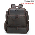Dark brown Retro Crazy Horse leather backpack for a 17-inch laptop, showing embossed details and double straps.