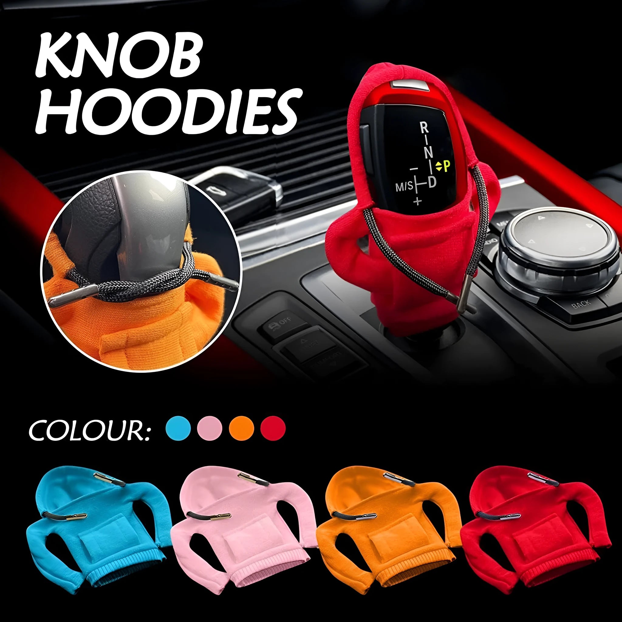 Cloth gear shift knob hoodie cover in assorted colours showing 13x8cm size for manual and automatic cars.