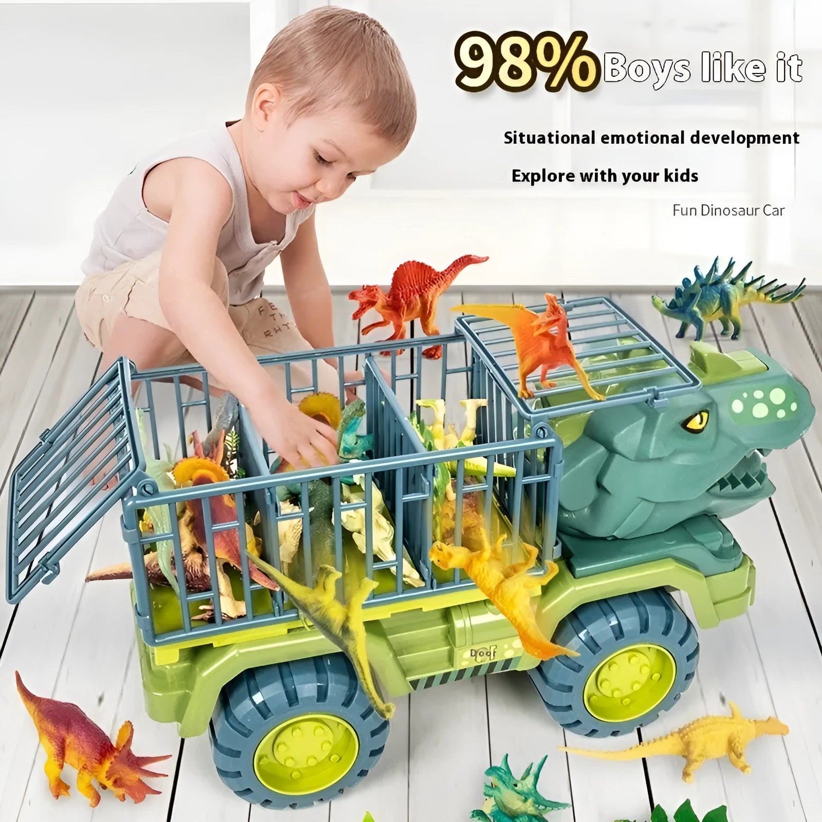 Large engineering vehicle dinosaur children's toy car set with Tyrannosaurus and Triceratops plastic vehicles in colour boxes
