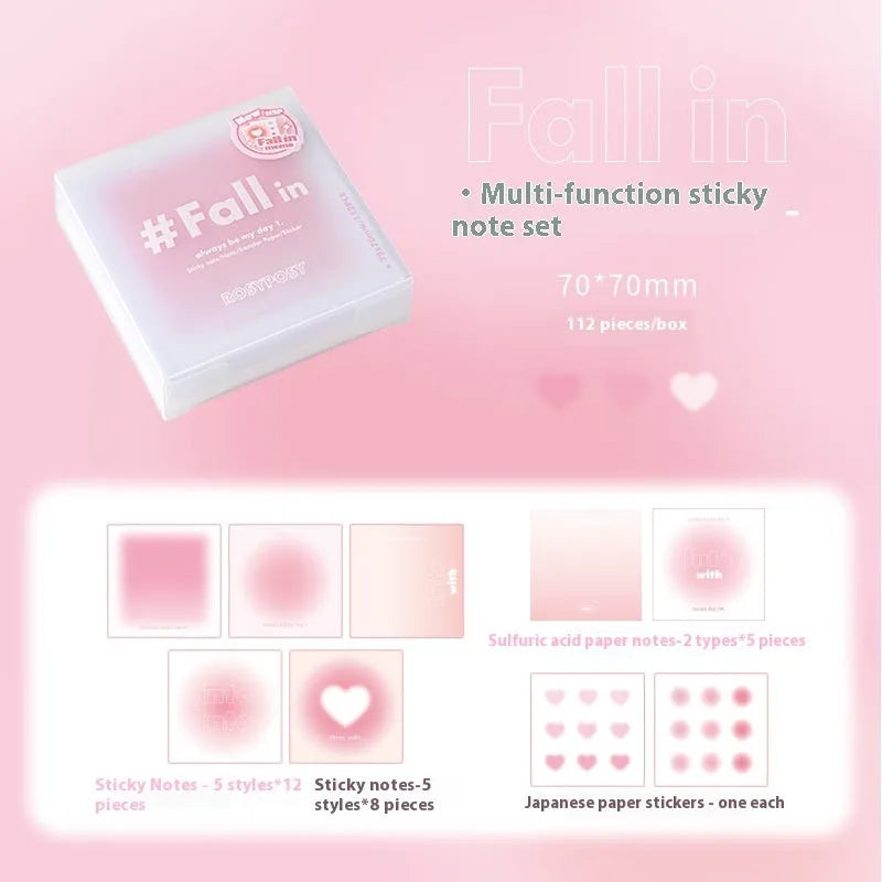 Square 70mm multifunctional notepad with blush, blue, green, and purple colour options showing sticky notes, note paper, and parchment sheets.