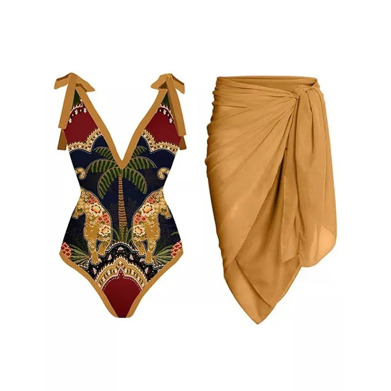 Solid colour women's one-piece swimsuit with thin spaghetti straps and a matching detachable skirt.