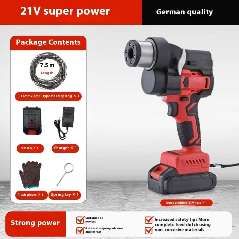 Electric pipe unclogger with 21V automatic feed and 7.5m steel spring bag for drain clearing