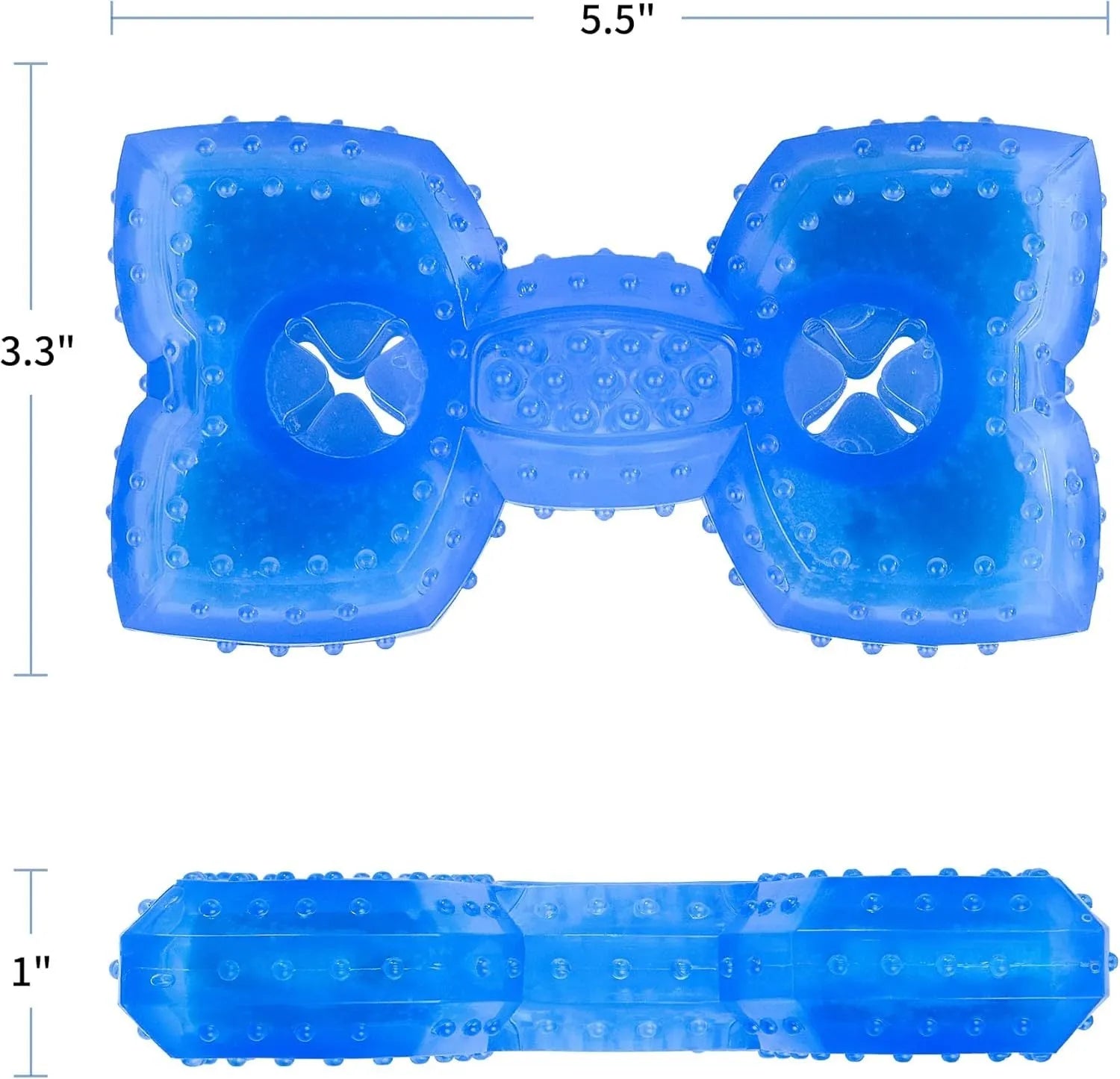 Freezable bone-shaped and circle-shaped dog cooling chew toys with treat pockets.