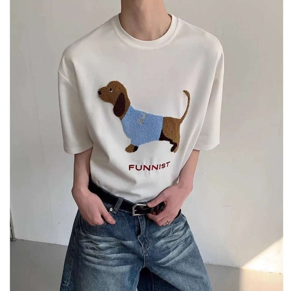 Men's grey cotton T-shirt with an embroidered sausage dog design on the front.