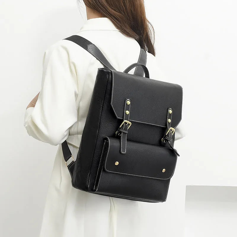 Korean style soft PU retro backpack shown in black, brown, creamy white, and dark brown colours.
