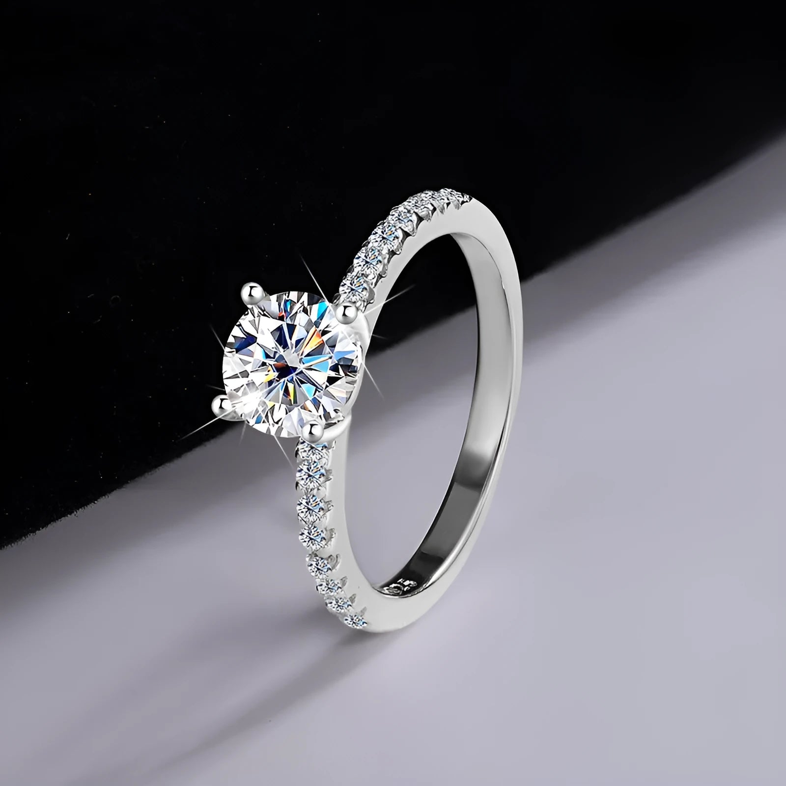 S925 silver ring with 14mm star-shaped moissanite in four-claw setting