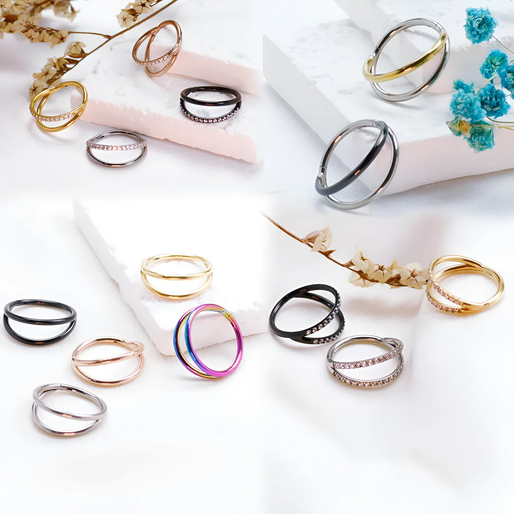Titanium alloy nose ring piercing jewellery on a plain background showing silver and rose gold colour options.