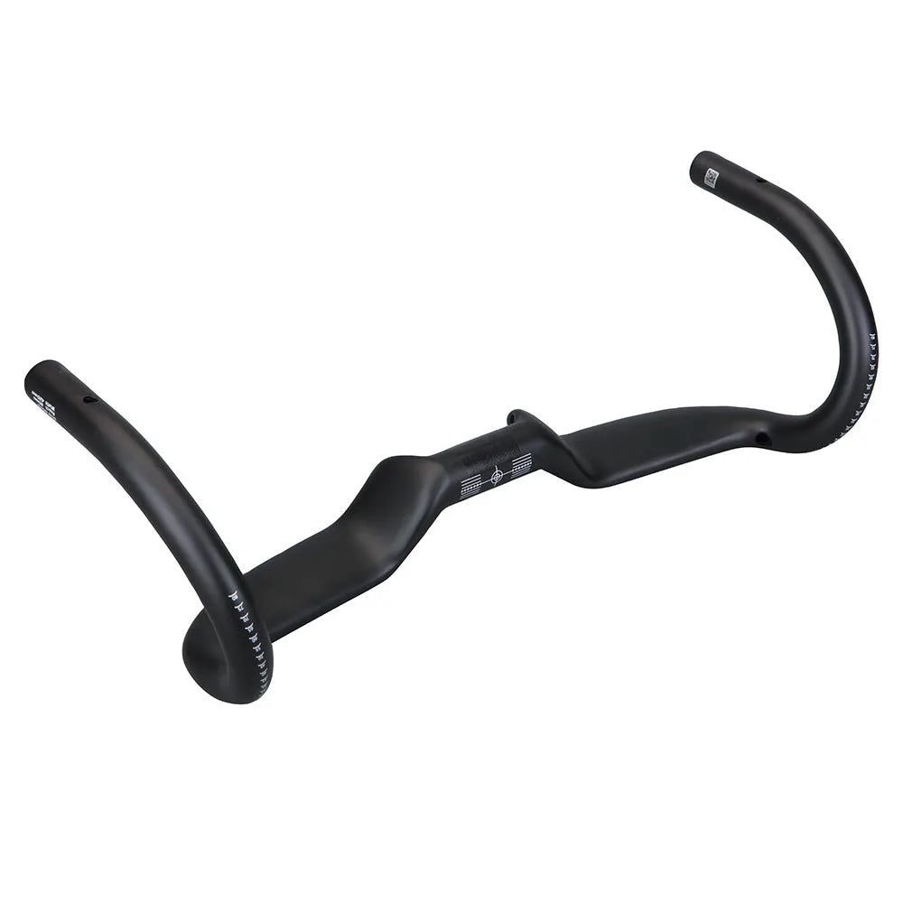 Black carbon fibre road bicycle handlebars showing large swing angle design