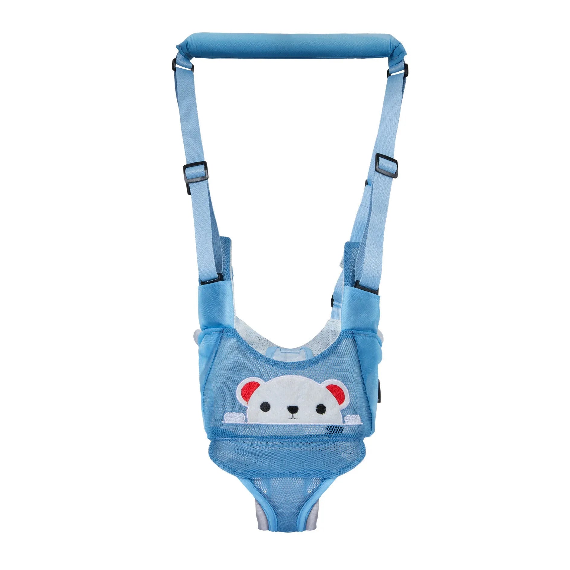 Baby walking harness belt with adjustable straps and removable crotch support in blue colour