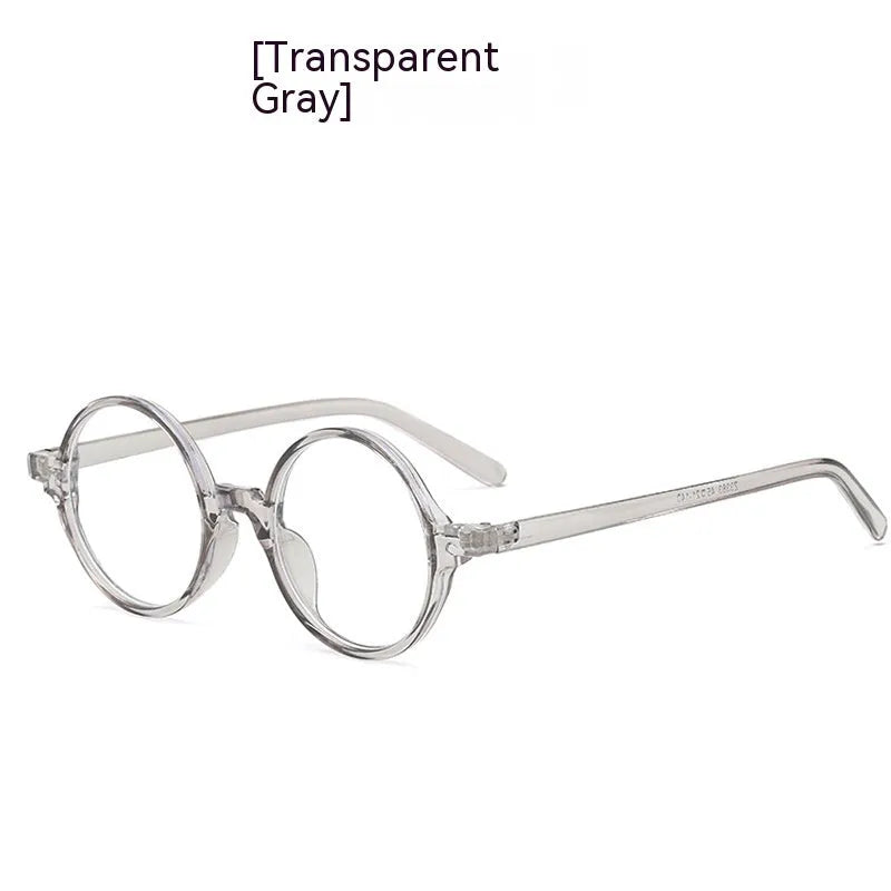 Artistic retro round glasses flat mirror in bright black, sand black, tofu pudding frame, and transparent grey colours