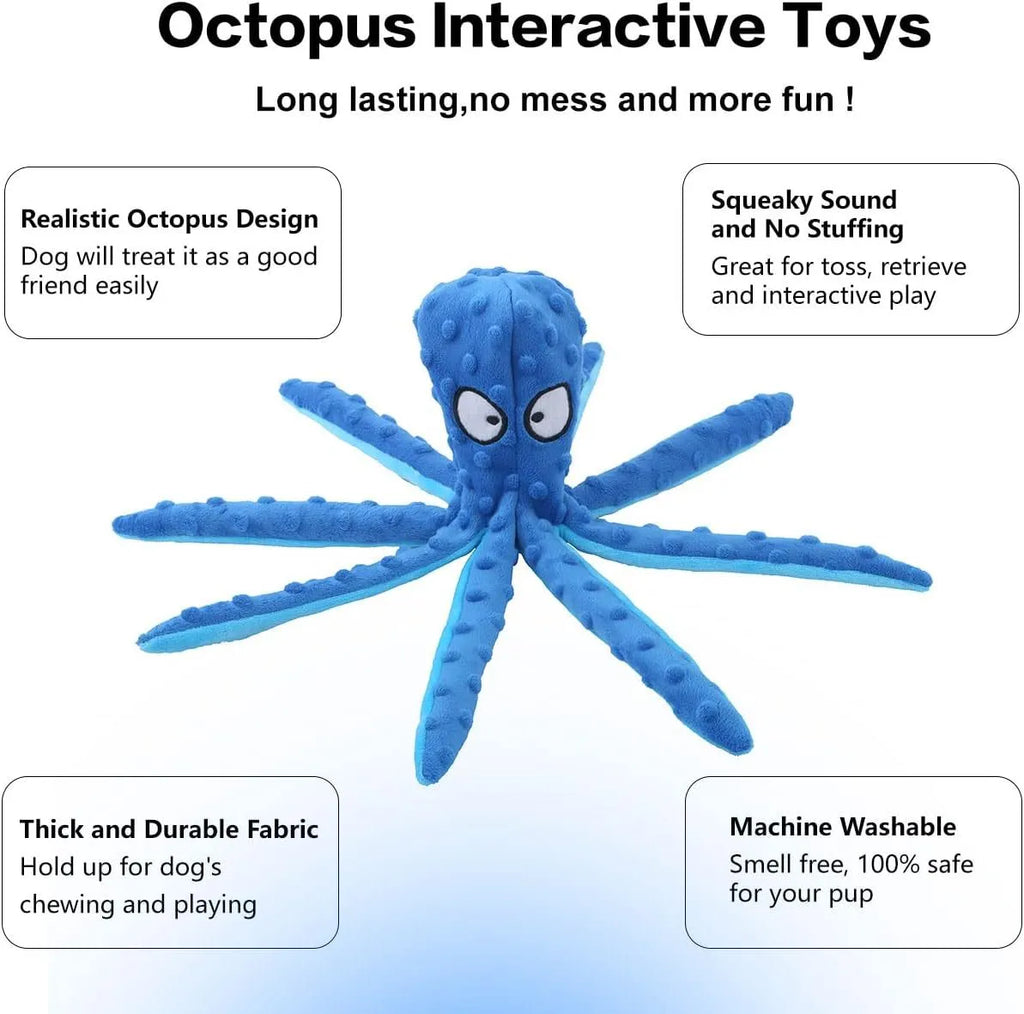 Blue octopus dog toy with squeaker and crinkle sounds for interactive play