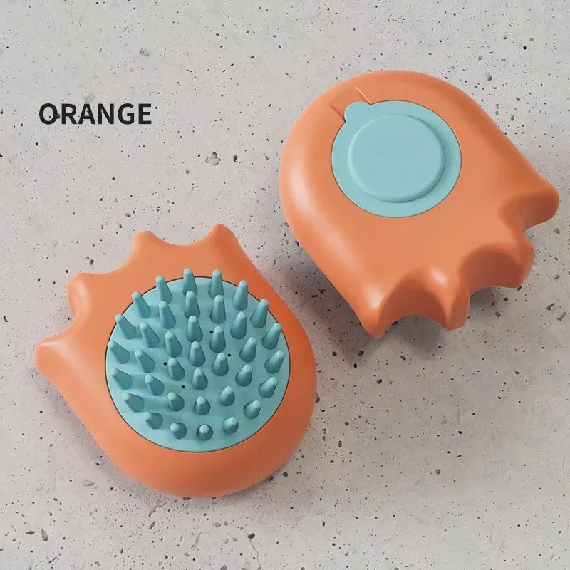 Pet bath brush with shampoo compartment and four brush attachments in blue orange yellow options