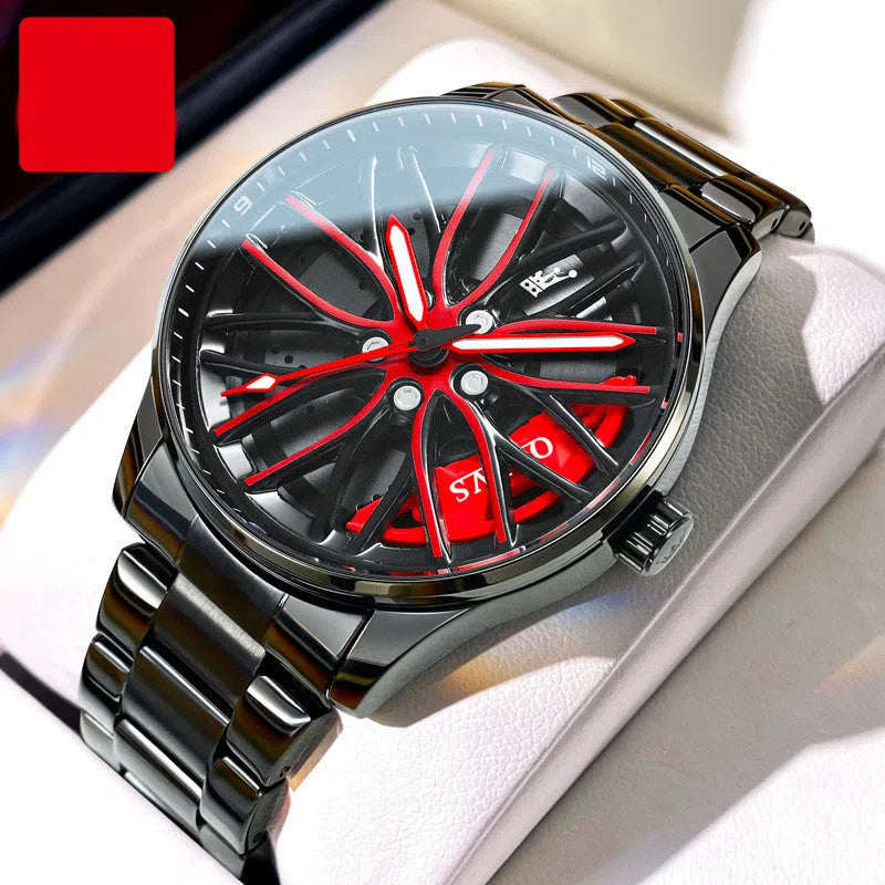 Men's hollowed-out luminous quartz watch with stainless steel strap showing black and red colour variant on a white background
