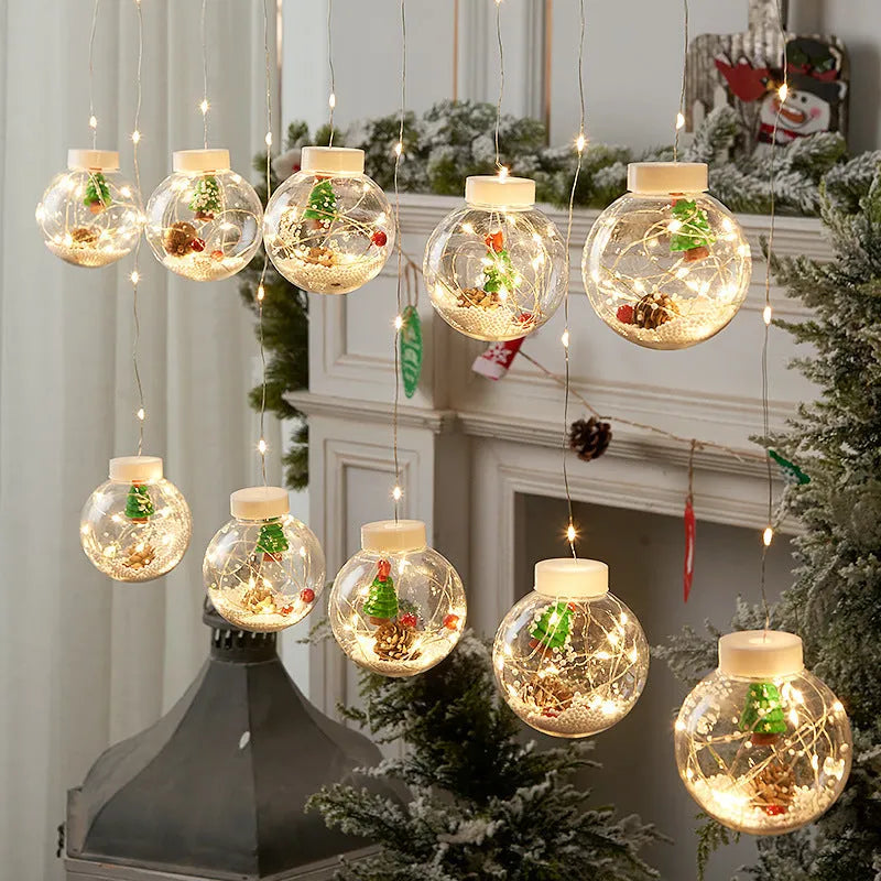 10-piece LED Christmas curtain light set with snowman, tree, and Santa ornaments for window decoration