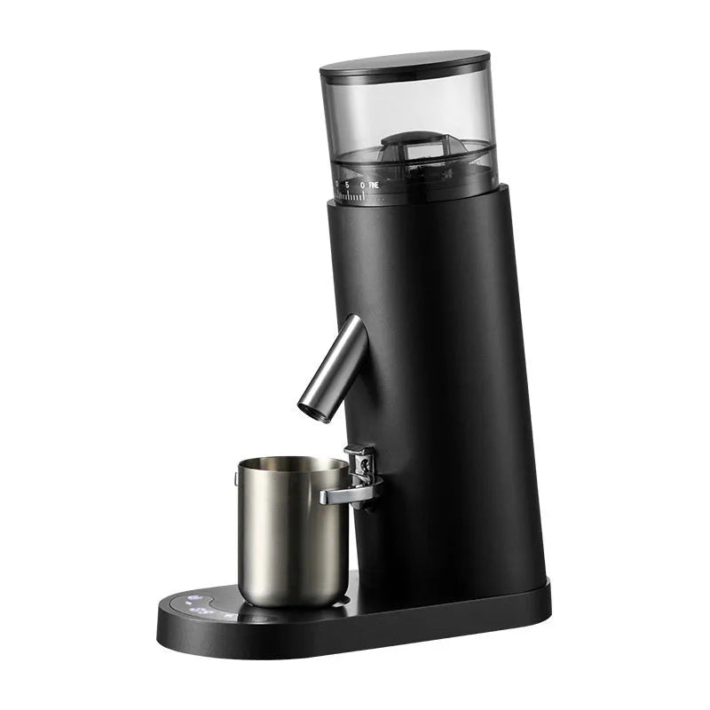 Portable electric coffee grinder with stainless steel body in beige or black colour options