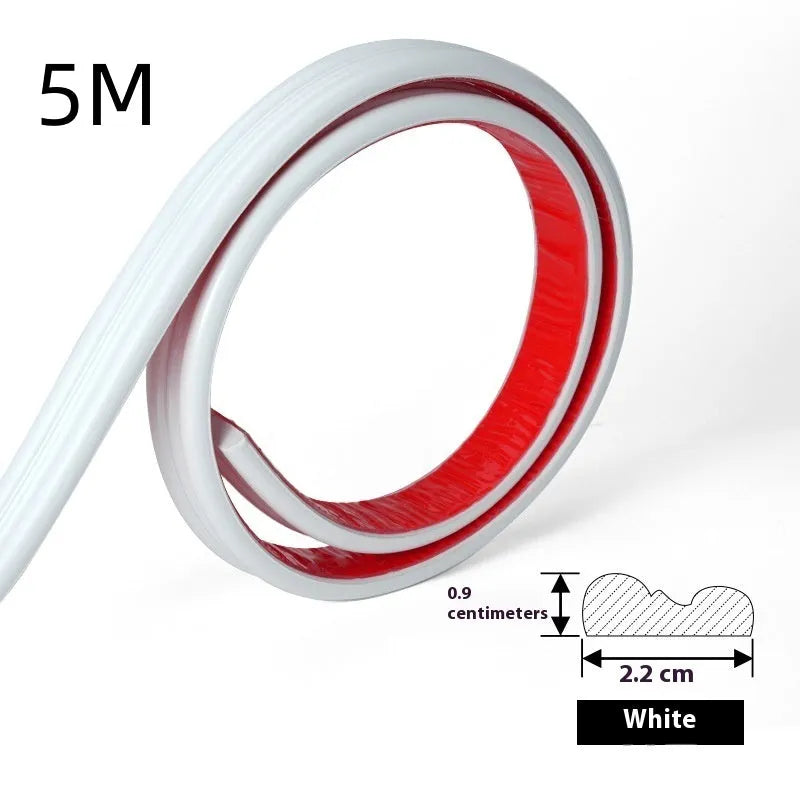 Flexible PVC self-adhesive edge banding trim roll in black, gold, silver, and white colour options.