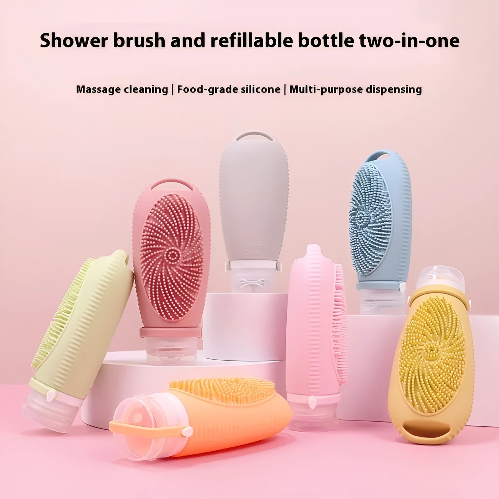 Silicone bath brush storage bottle in various colours showing 100ml capacity for bathroom organisation