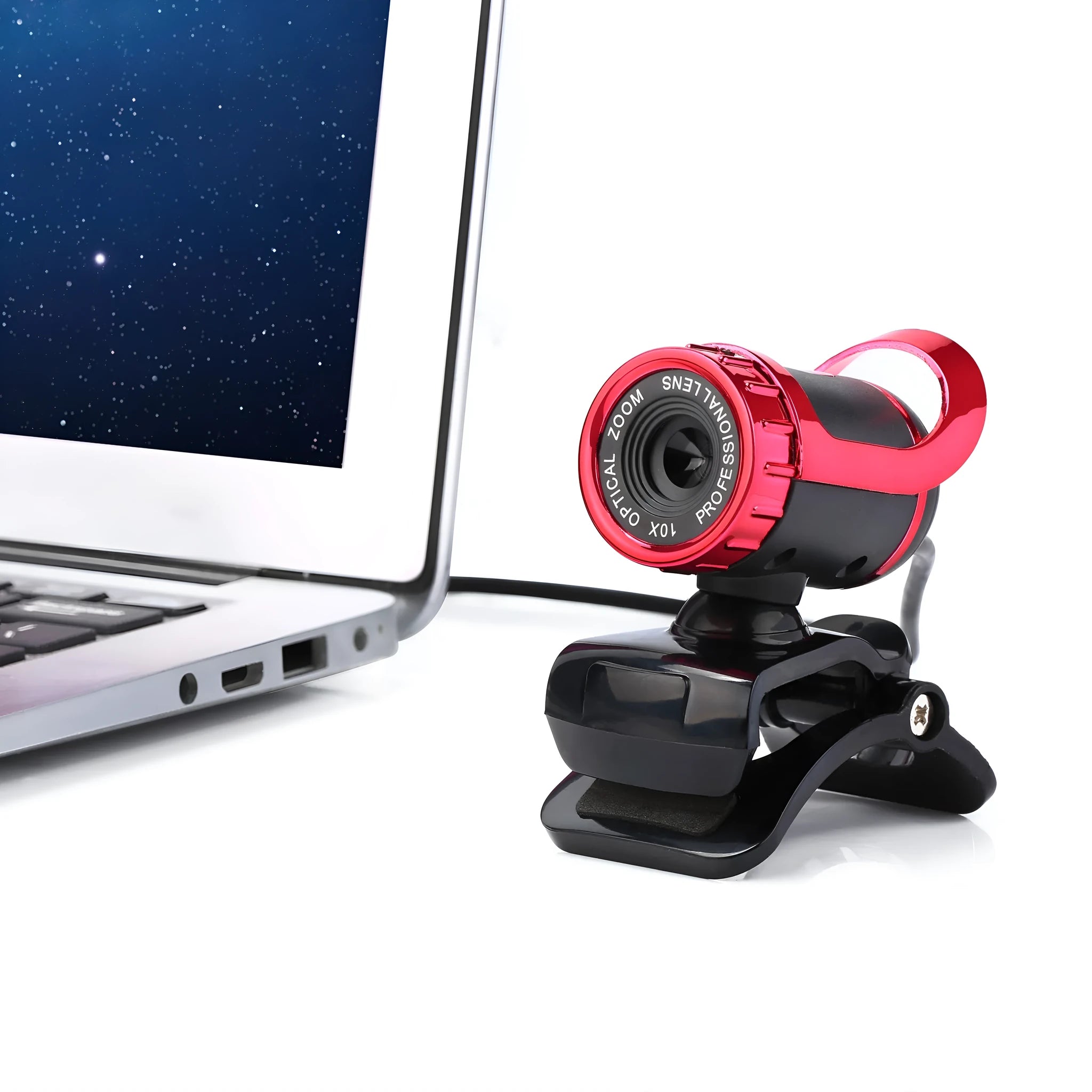 Computer video USB camera with built-in sound-absorbing microphone in black and silver, 640x480 resolution, glass lens, 140cm cable