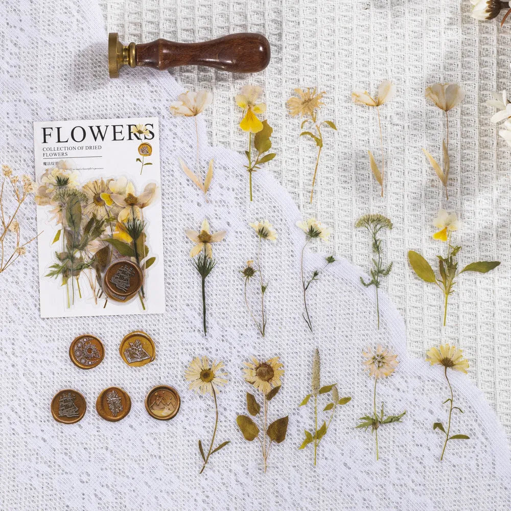 Pack of 40 decorative dried flower design sticker sheets in eight colours including purple, blue, and orange.
