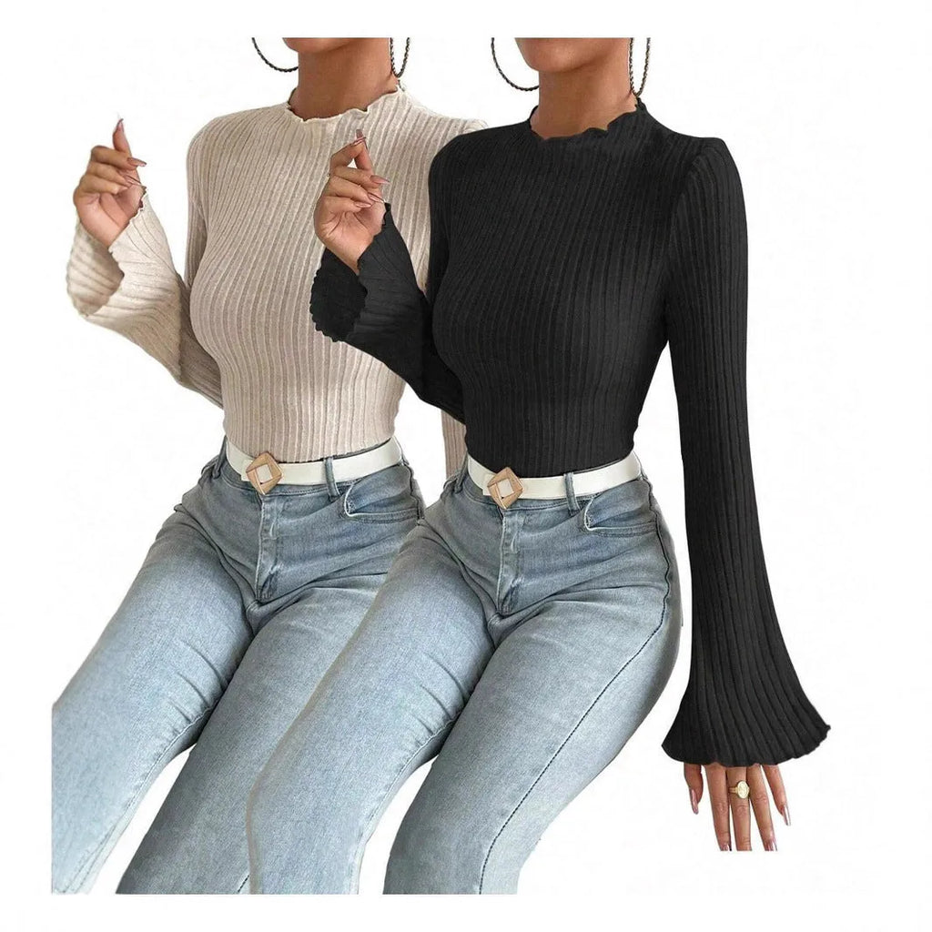 Long sleeve round neck top with sunken stripe pattern and lantern sleeves in black
