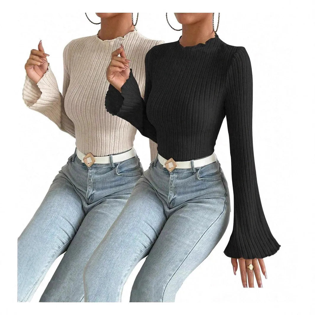 Long sleeve round neck top with sunken stripe pattern and lantern sleeves in black