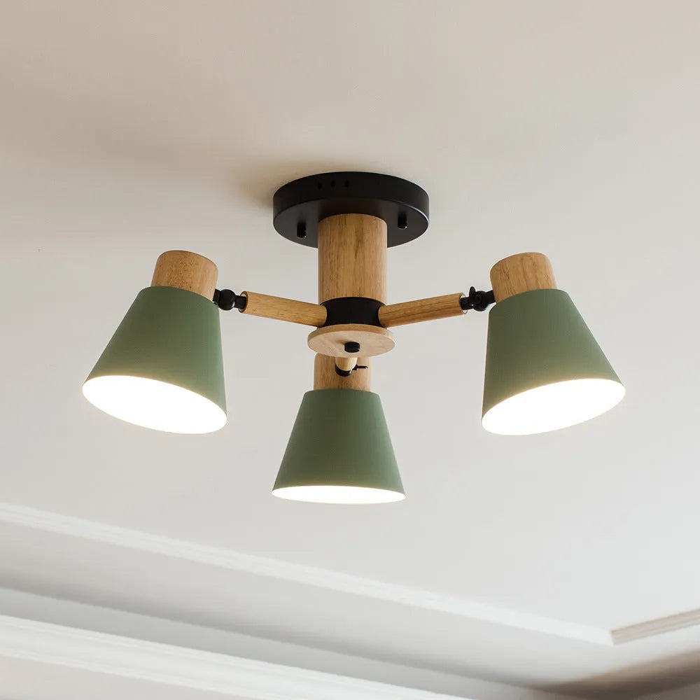 Nordic macaron ceiling pendant lamp with ironwood construction in multiple head configurations