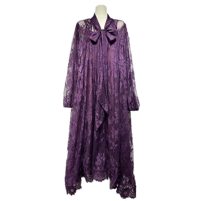 Women's hollow jacquard sling lace see-through ribbon dress, brown, with A-line skirt and lantern sleeves