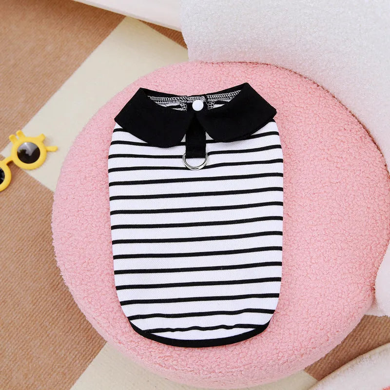 Pet wearing coordinated cotton T-shirt and skirt set with stripe pattern