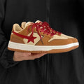 Brown women's low-top platform sneakers with round toe and sequin trim details