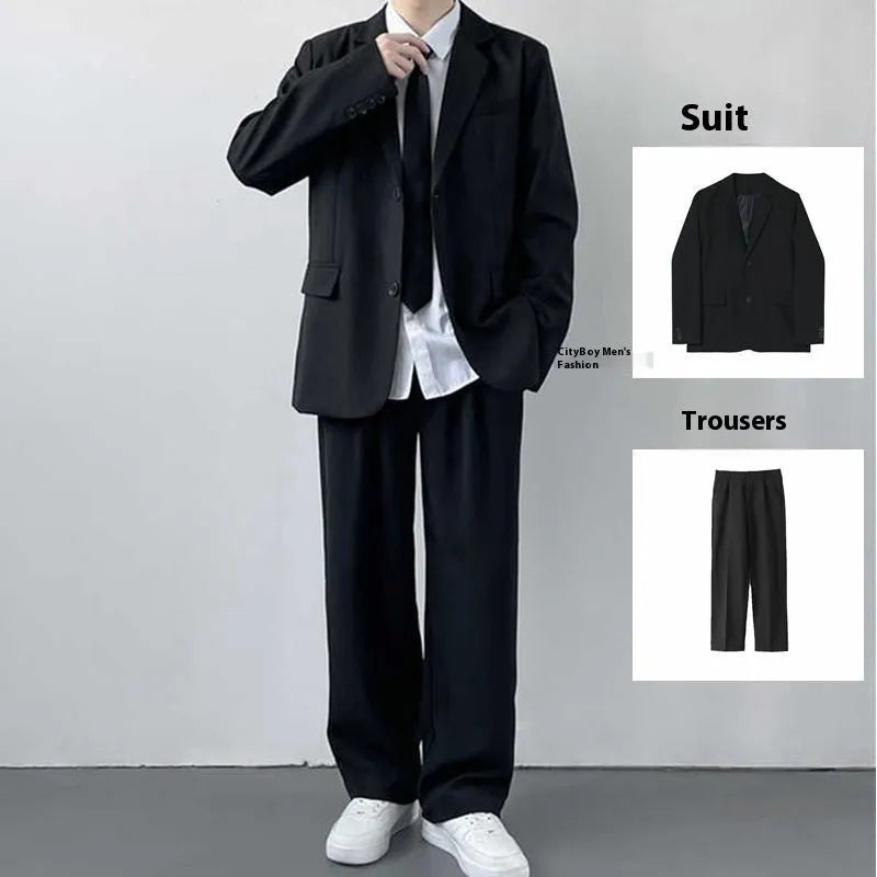 Plus size men's suit jacket set with trousers, shirt and tie in college style loose fit