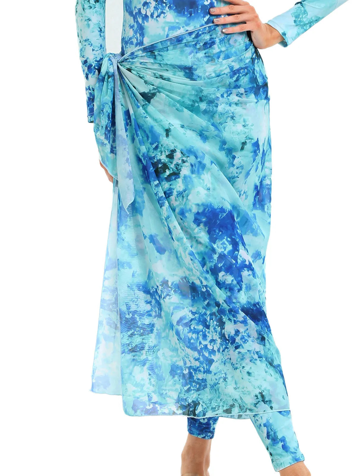 Muslim conservative beach swimsuit three-piece set with apron in blue Sapphire colour