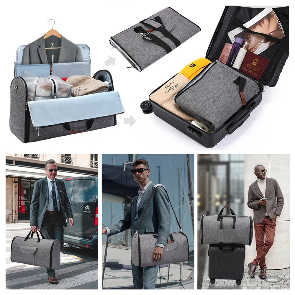 Dark blue folding duffel bag made from oxford cloth, shown with capacity for travel and gym use.