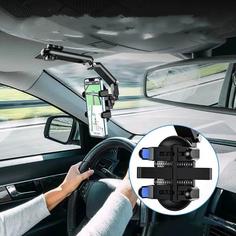 Car mount sun visor with buckle-type clip for rear seat headrest, shown in black.