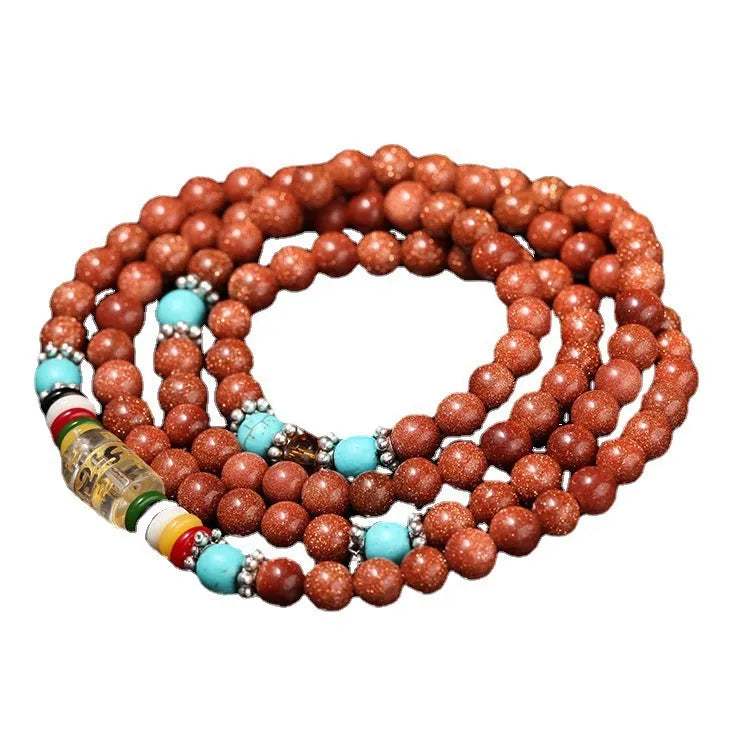 Golden Star Stone women's bracelet with 108 nugget sand pieces and fu character mantra beads