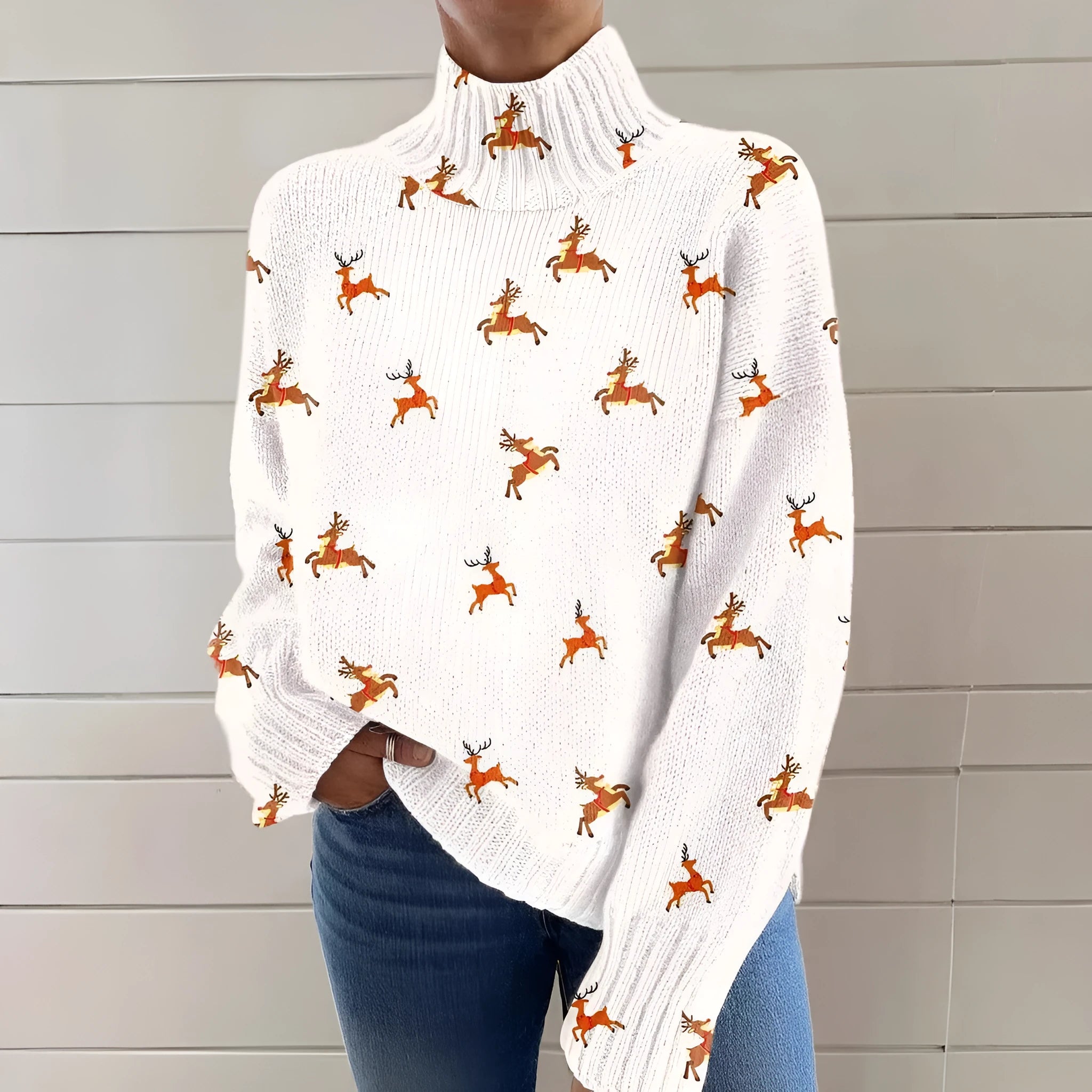 Women's loose fit printed turtleneck sweater in a macaron colour with a painting pattern design.
