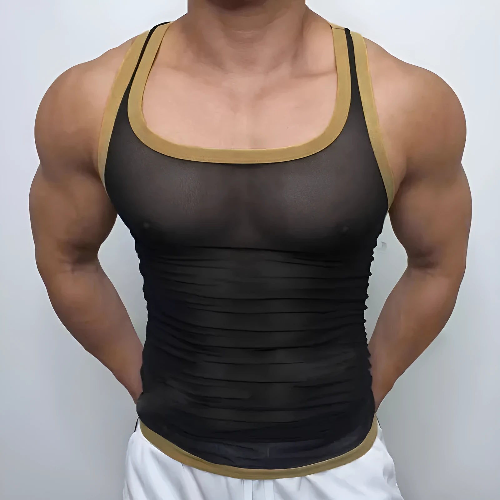 Men's white polyester mesh athletic vest with tight fit and straight hem design