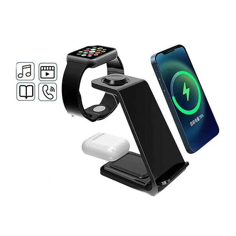White 3-in-1 wireless charger phone stand with upright design and dual coil charging surface