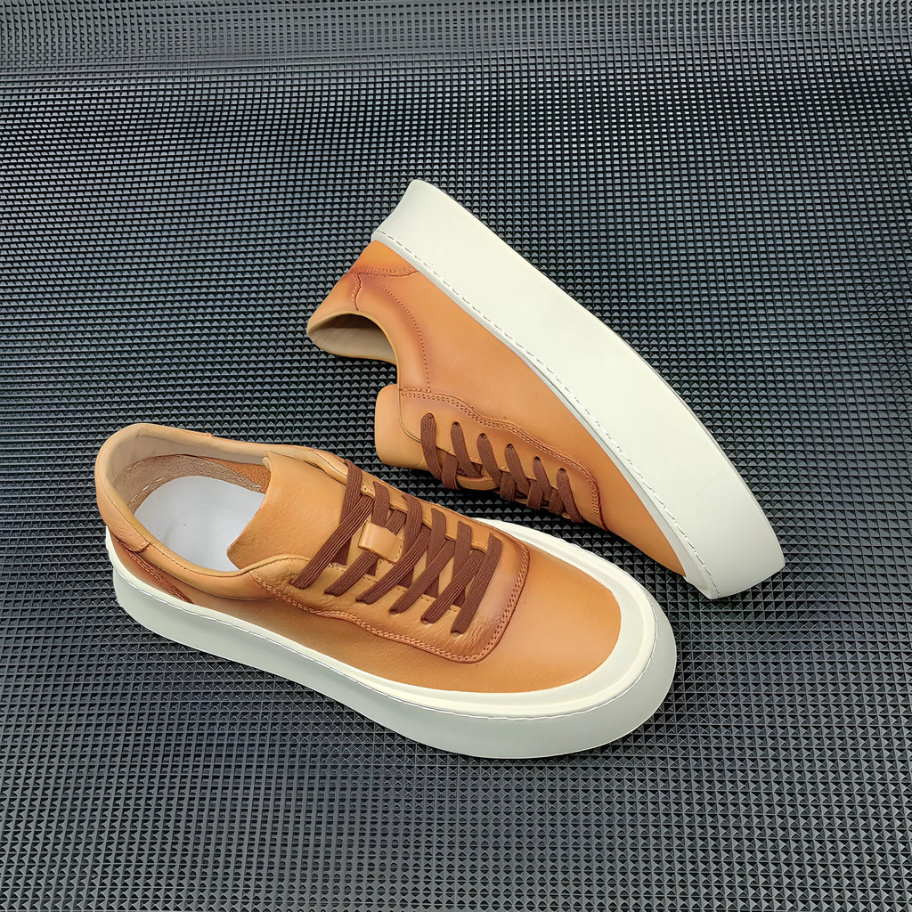 Men's white cowhide platform board shoes with thick rubber sole and round toe design