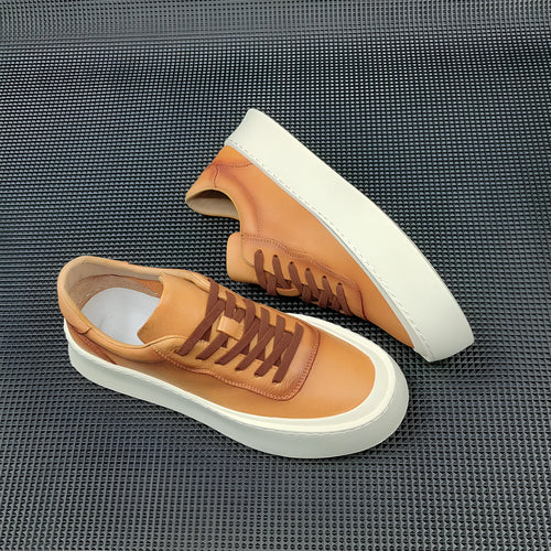 Men's white cowhide platform board shoes with thick rubber sole and round toe design