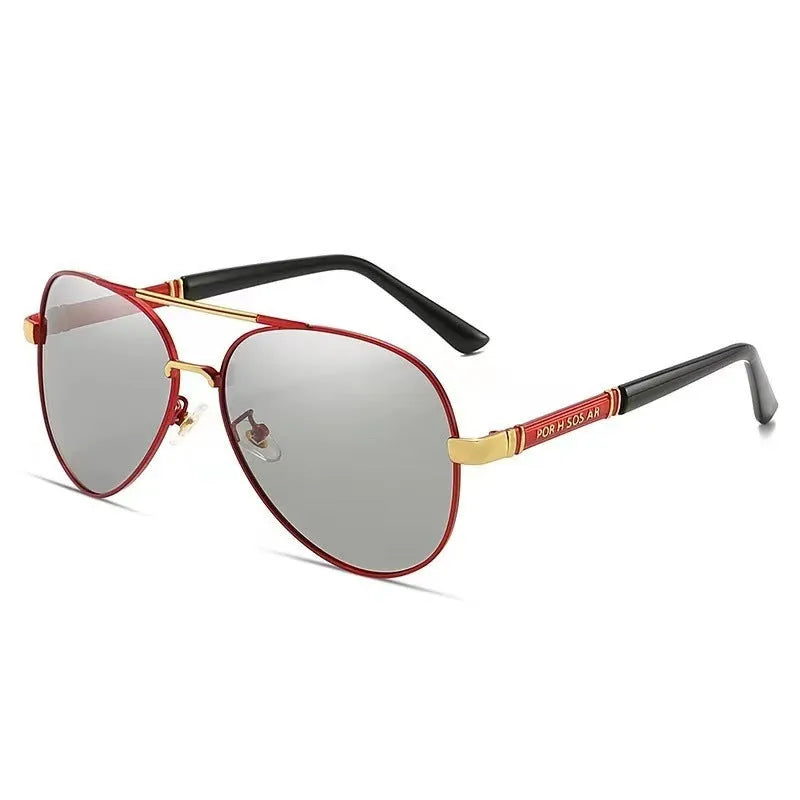 Men's metal frame sunglasses with polarised or colour-changing lenses in black, gold, or silver finishes