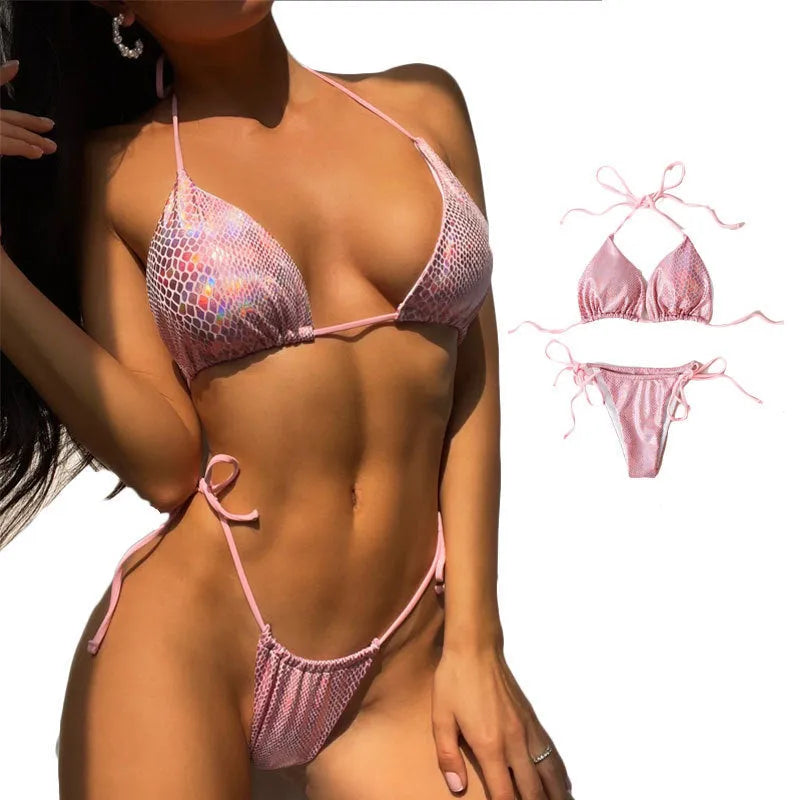 Women's solid colour backless bikini set in gold, made from polyester fibre, size S M L