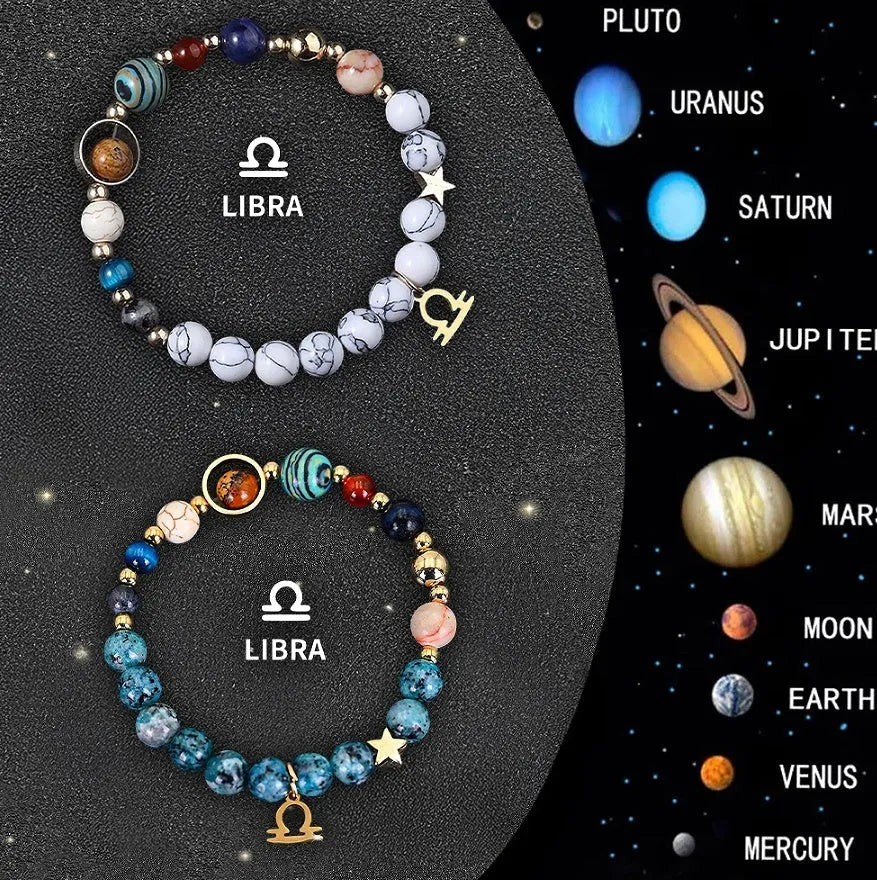 Set of two natural stone beaded bracelets with zodiac sign designs and a stainless steel clasp.