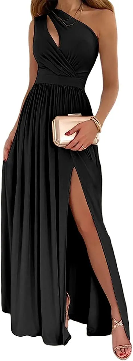 Women's apricot one shoulder sleeveless maxi dress with high leg split and cutout detail.