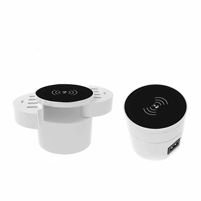 Circular white multi-port wireless charger with USB ports and international plug adapters